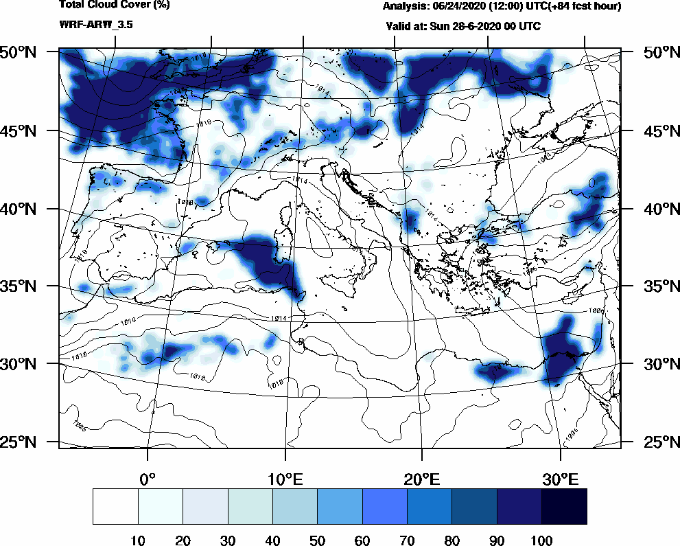 Total cloud cover (%) - 2020-06-27 18:00