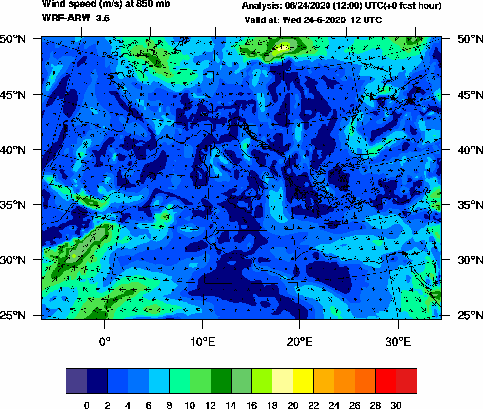 Wind speed (m/s) at 850 mb - 2020-06-24 12:00