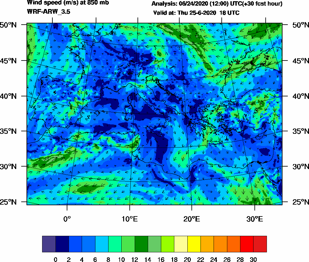 Wind speed (m/s) at 850 mb - 2020-06-25 18:00