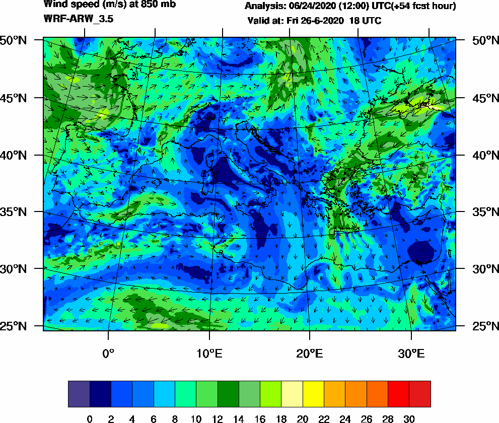 Wind speed (m/s) at 850 mb - 2020-06-26 18:00