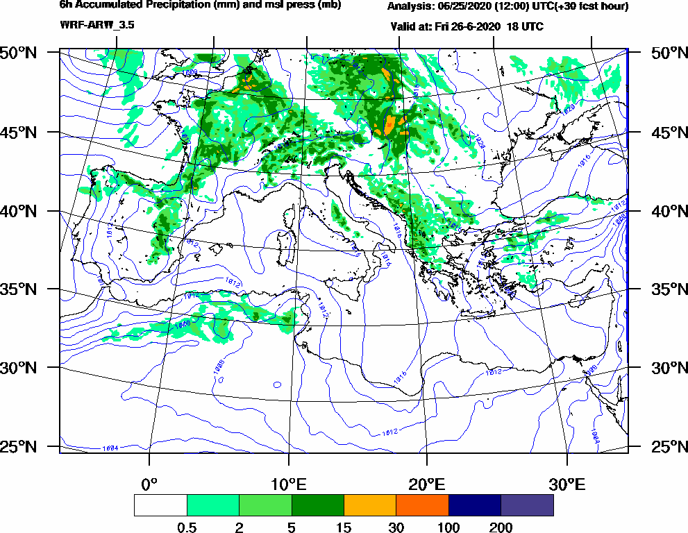 6h Accumulated Precipitation (mm) and msl press (mb) - 2020-06-26 12:00