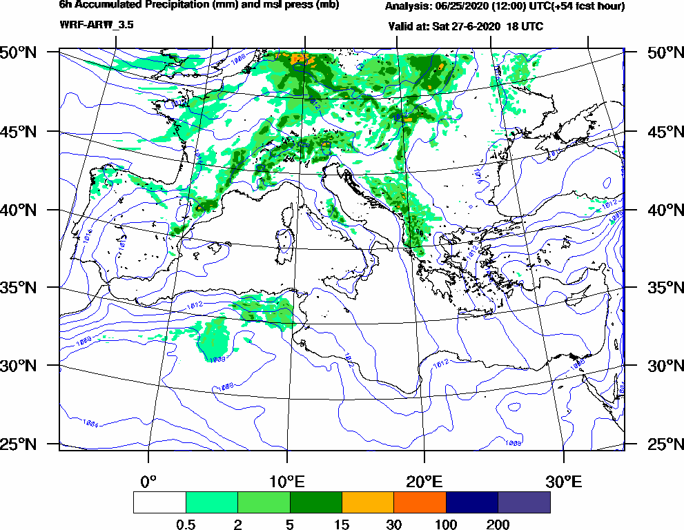 6h Accumulated Precipitation (mm) and msl press (mb) - 2020-06-27 12:00