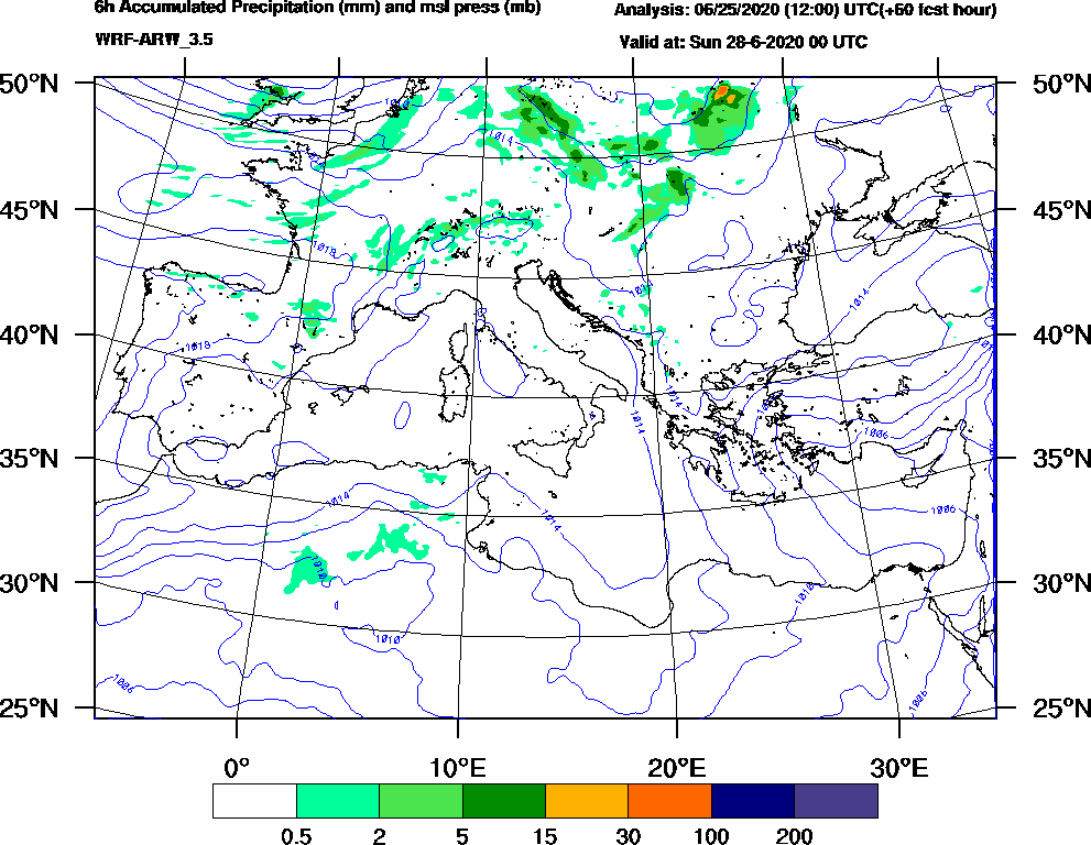 6h Accumulated Precipitation (mm) and msl press (mb) - 2020-06-27 18:00