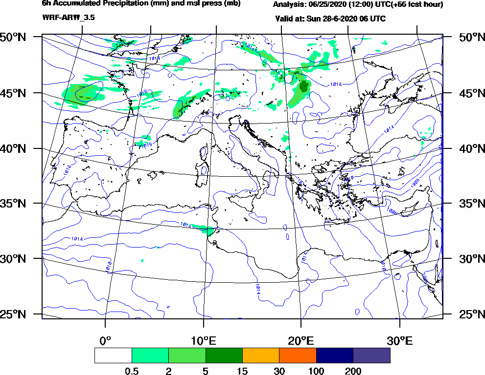 6h Accumulated Precipitation (mm) and msl press (mb) - 2020-06-28 00:00