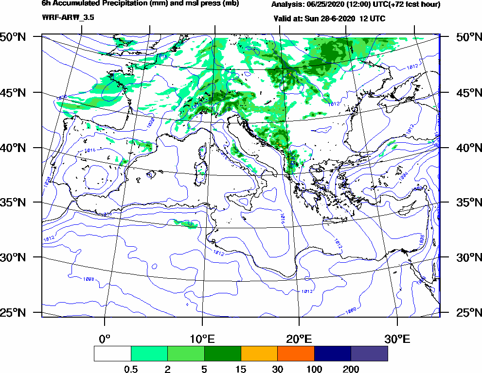 6h Accumulated Precipitation (mm) and msl press (mb) - 2020-06-28 06:00