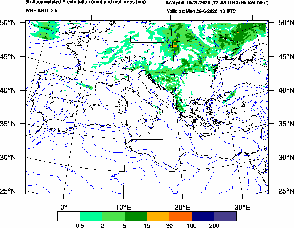 6h Accumulated Precipitation (mm) and msl press (mb) - 2020-06-29 06:00