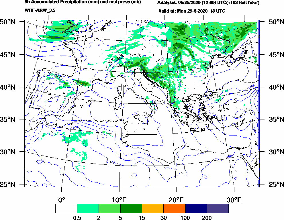 6h Accumulated Precipitation (mm) and msl press (mb) - 2020-06-29 12:00