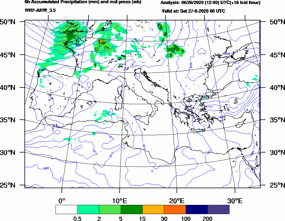 6h Accumulated Precipitation (mm) and msl press (mb) - 2020-06-27 00:00