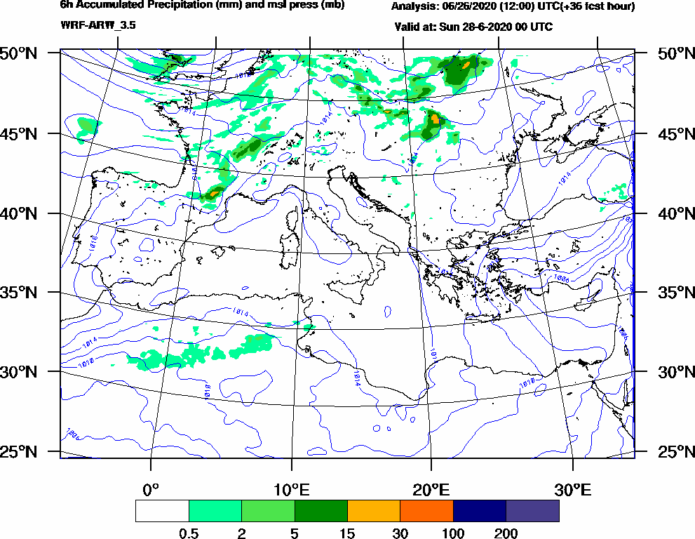 6h Accumulated Precipitation (mm) and msl press (mb) - 2020-06-27 18:00