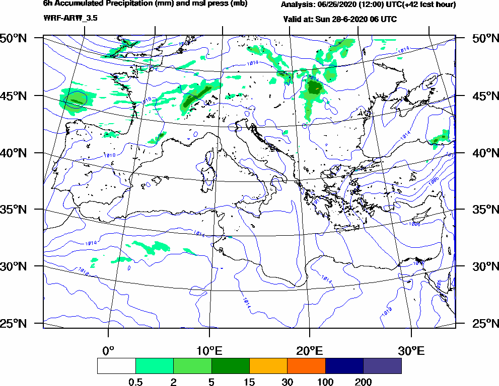 6h Accumulated Precipitation (mm) and msl press (mb) - 2020-06-28 00:00