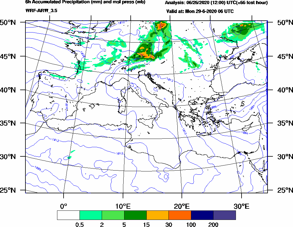 6h Accumulated Precipitation (mm) and msl press (mb) - 2020-06-29 00:00
