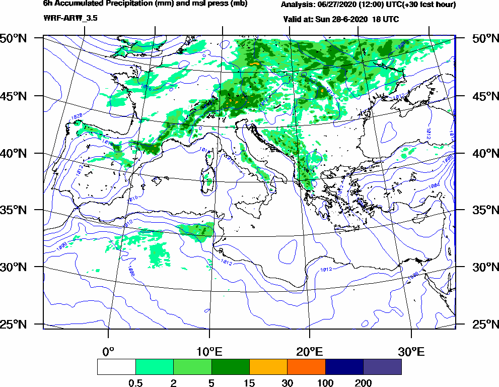 6h Accumulated Precipitation (mm) and msl press (mb) - 2020-06-28 12:00