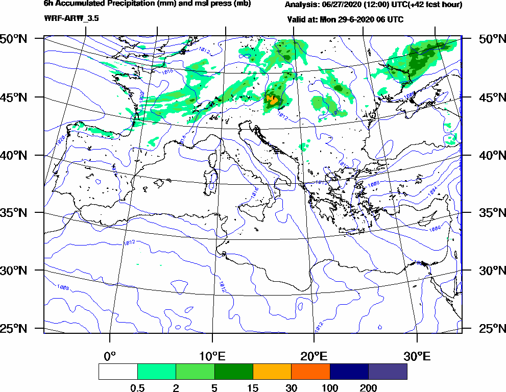 6h Accumulated Precipitation (mm) and msl press (mb) - 2020-06-29 00:00