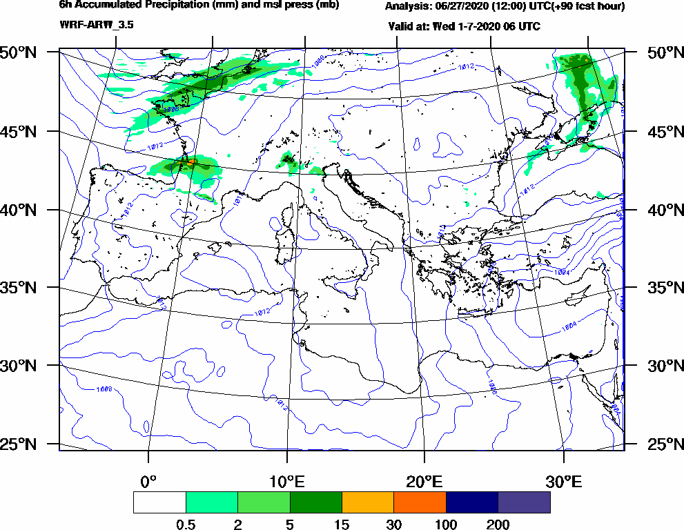 6h Accumulated Precipitation (mm) and msl press (mb) - 2020-07-01 00:00
