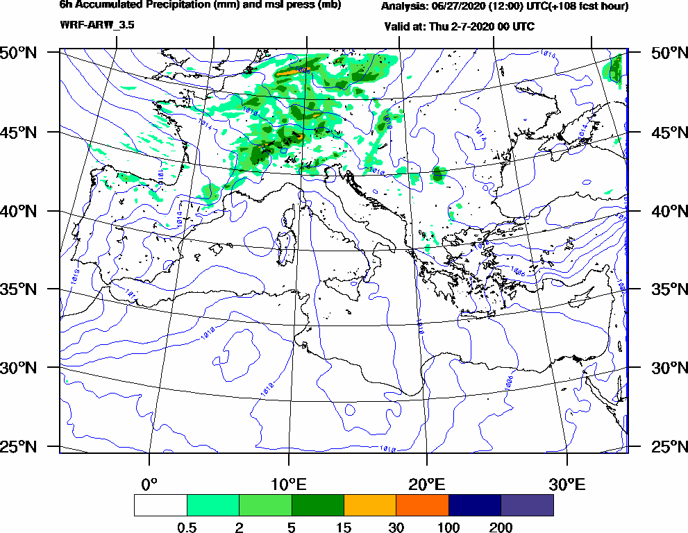 6h Accumulated Precipitation (mm) and msl press (mb) - 2020-07-01 18:00