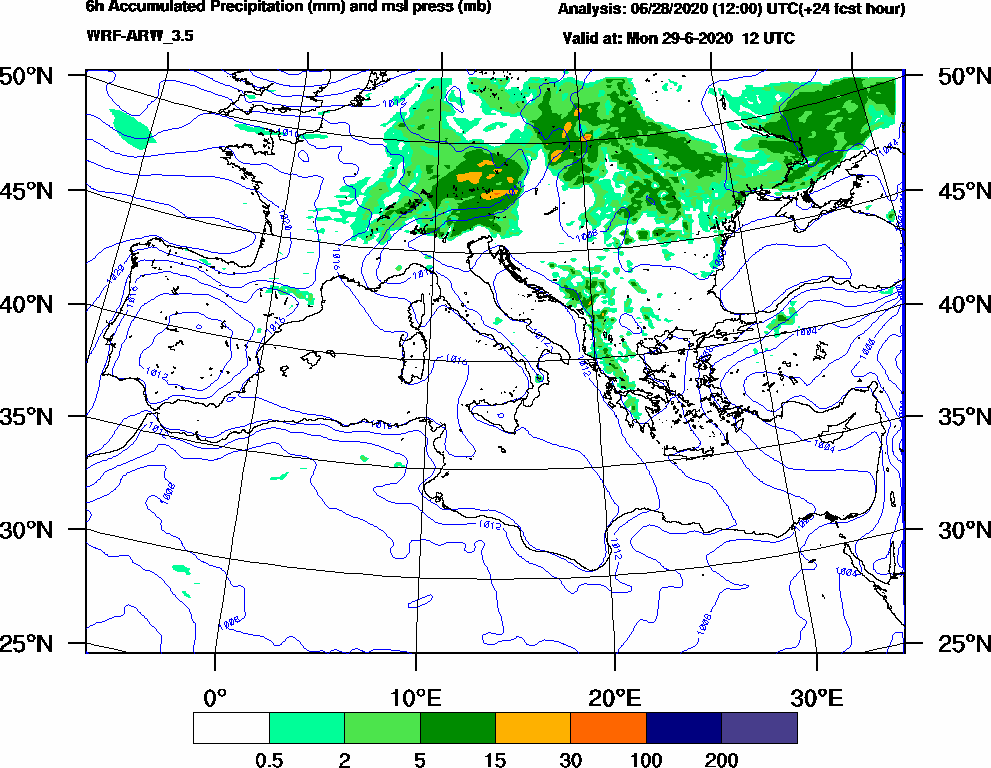 6h Accumulated Precipitation (mm) and msl press (mb) - 2020-06-29 06:00
