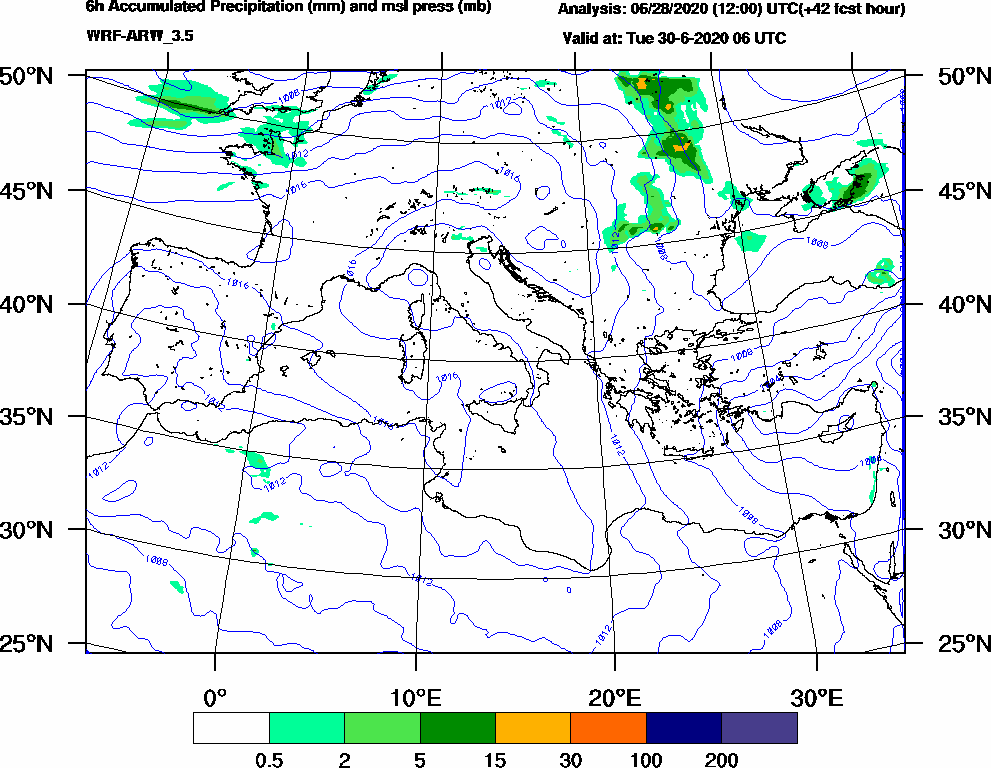 6h Accumulated Precipitation (mm) and msl press (mb) - 2020-06-30 00:00