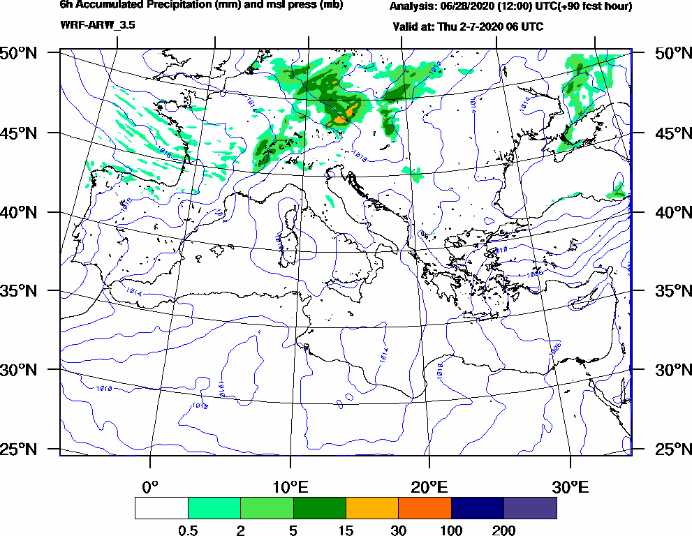 6h Accumulated Precipitation (mm) and msl press (mb) - 2020-07-02 00:00