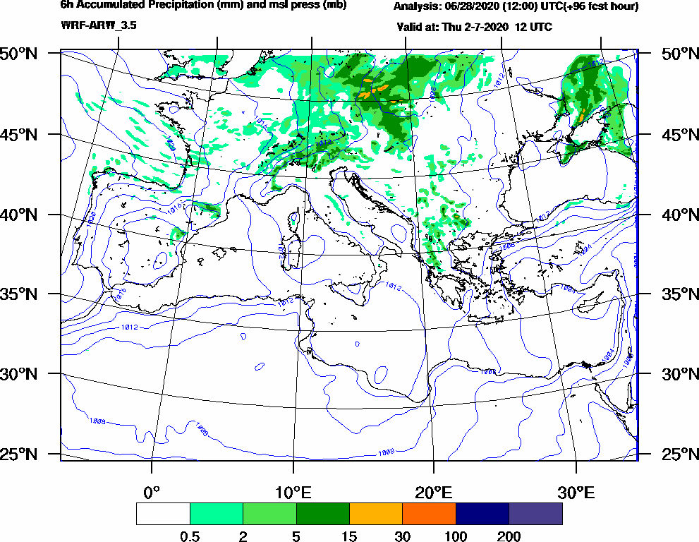 6h Accumulated Precipitation (mm) and msl press (mb) - 2020-07-02 06:00