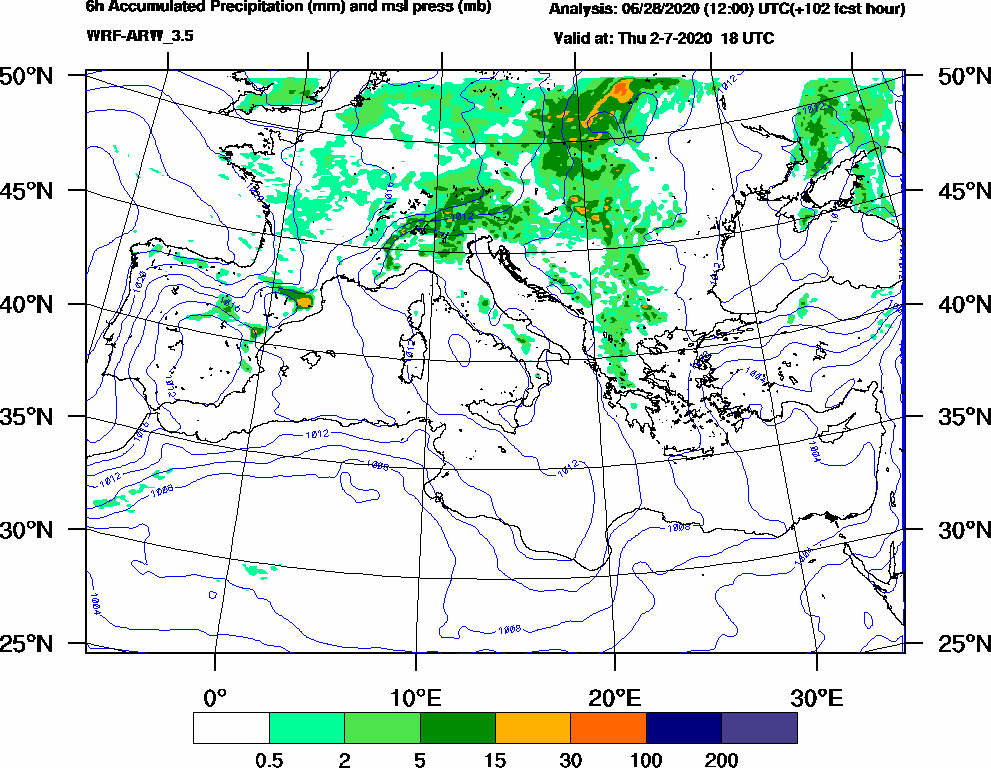 6h Accumulated Precipitation (mm) and msl press (mb) - 2020-07-02 12:00
