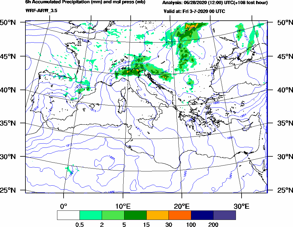 6h Accumulated Precipitation (mm) and msl press (mb) - 2020-07-02 18:00