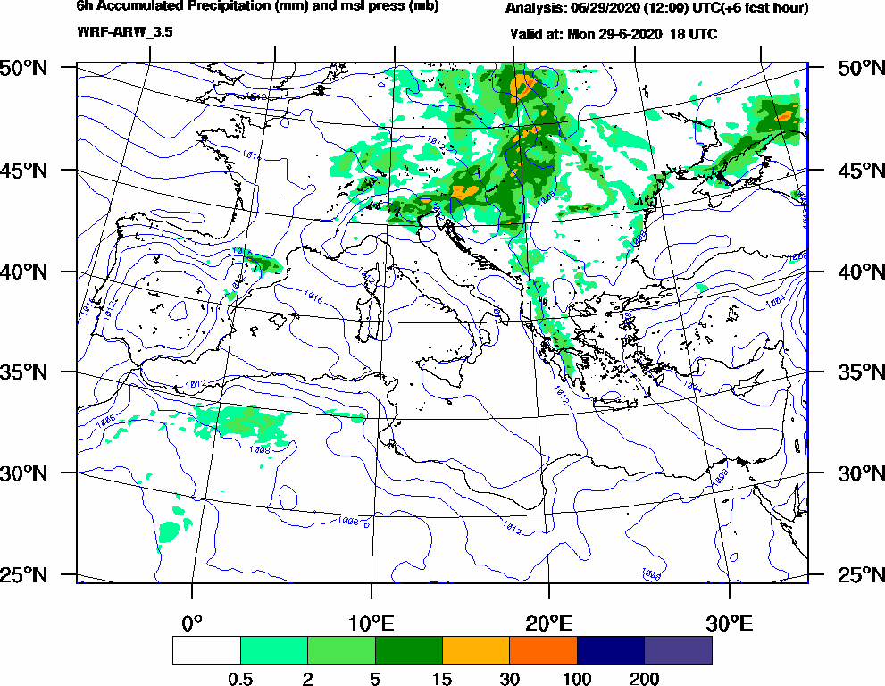 6h Accumulated Precipitation (mm) and msl press (mb) - 2020-06-29 12:00