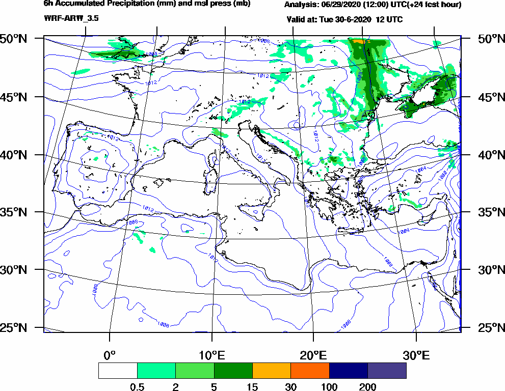 6h Accumulated Precipitation (mm) and msl press (mb) - 2020-06-30 06:00