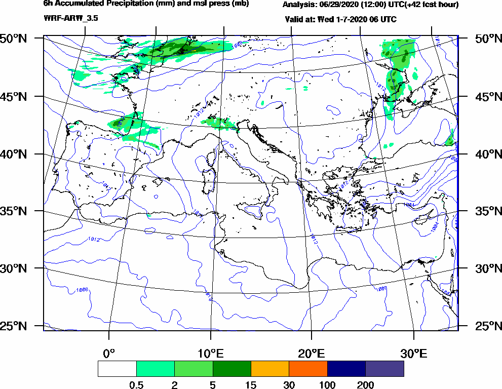 6h Accumulated Precipitation (mm) and msl press (mb) - 2020-07-01 00:00