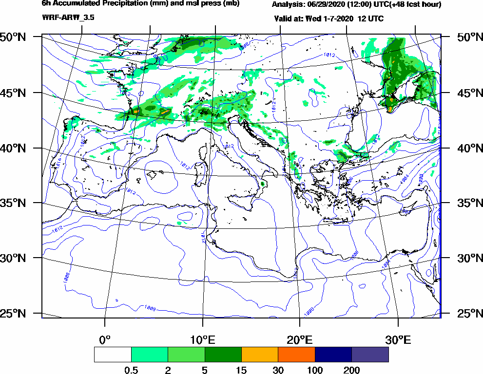 6h Accumulated Precipitation (mm) and msl press (mb) - 2020-07-01 06:00