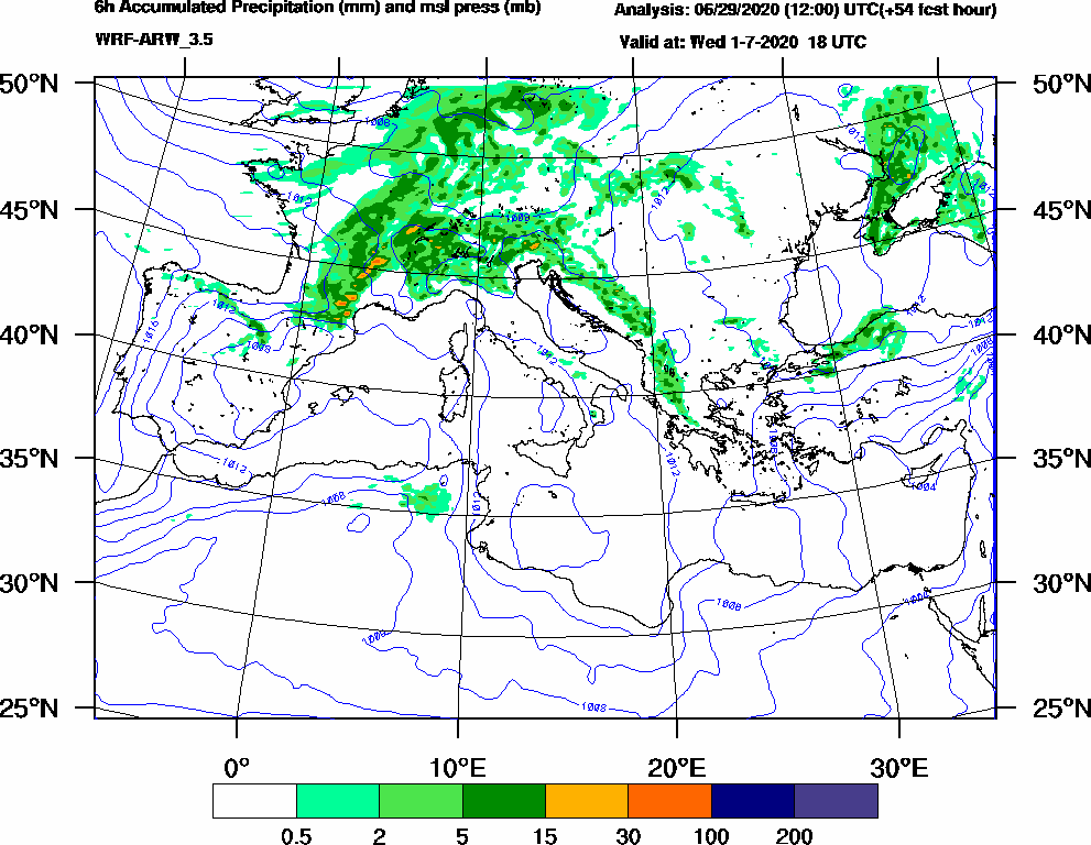 6h Accumulated Precipitation (mm) and msl press (mb) - 2020-07-01 12:00