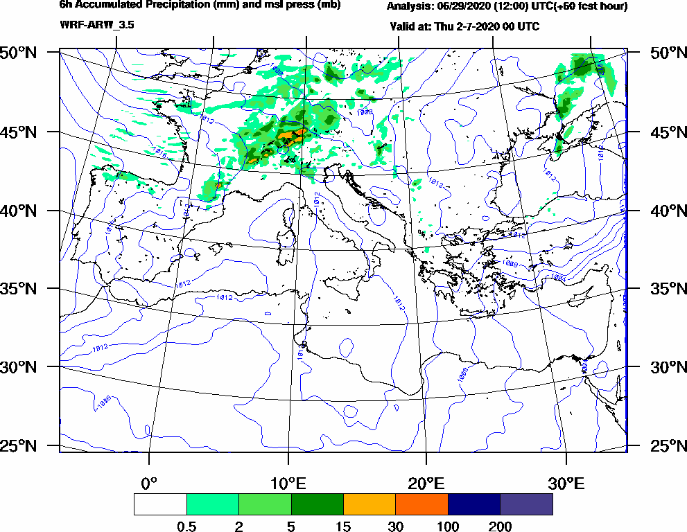 6h Accumulated Precipitation (mm) and msl press (mb) - 2020-07-01 18:00