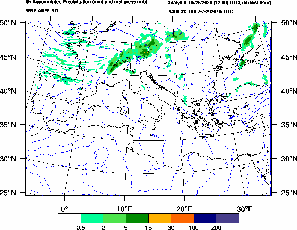 6h Accumulated Precipitation (mm) and msl press (mb) - 2020-07-02 00:00