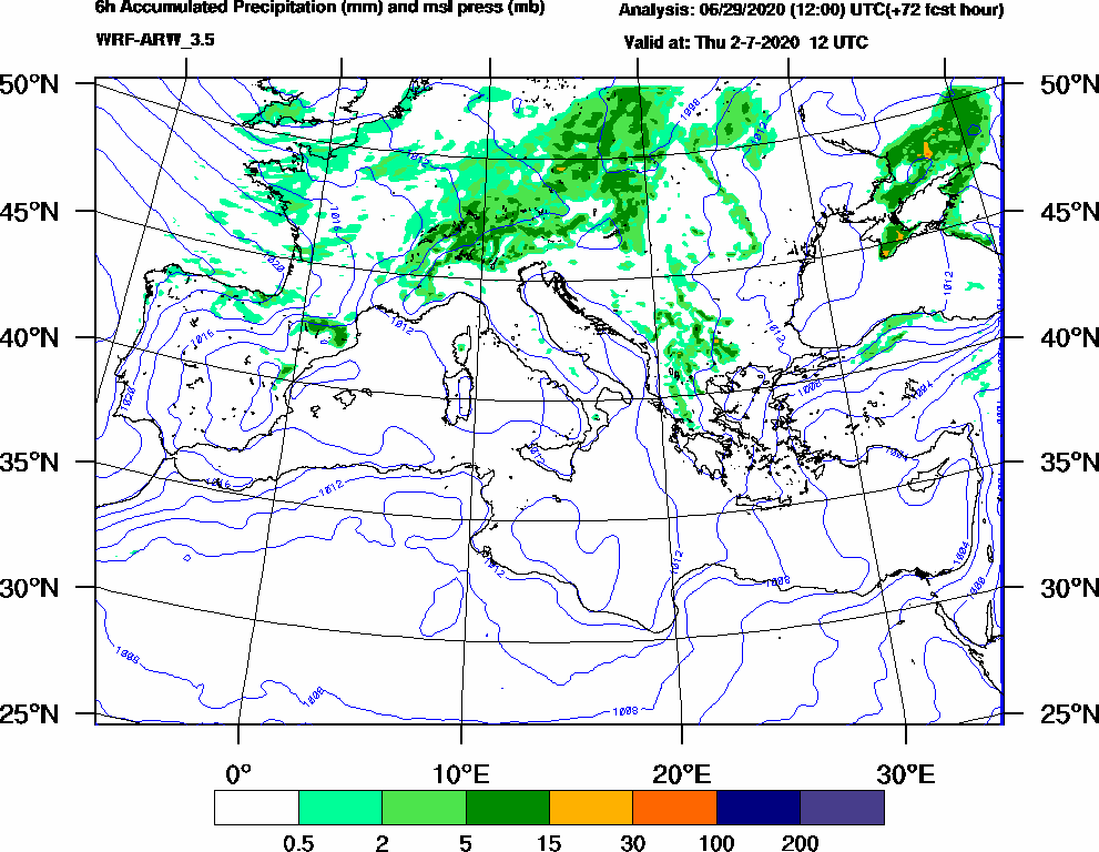 6h Accumulated Precipitation (mm) and msl press (mb) - 2020-07-02 06:00