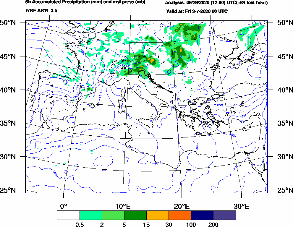 6h Accumulated Precipitation (mm) and msl press (mb) - 2020-07-02 18:00