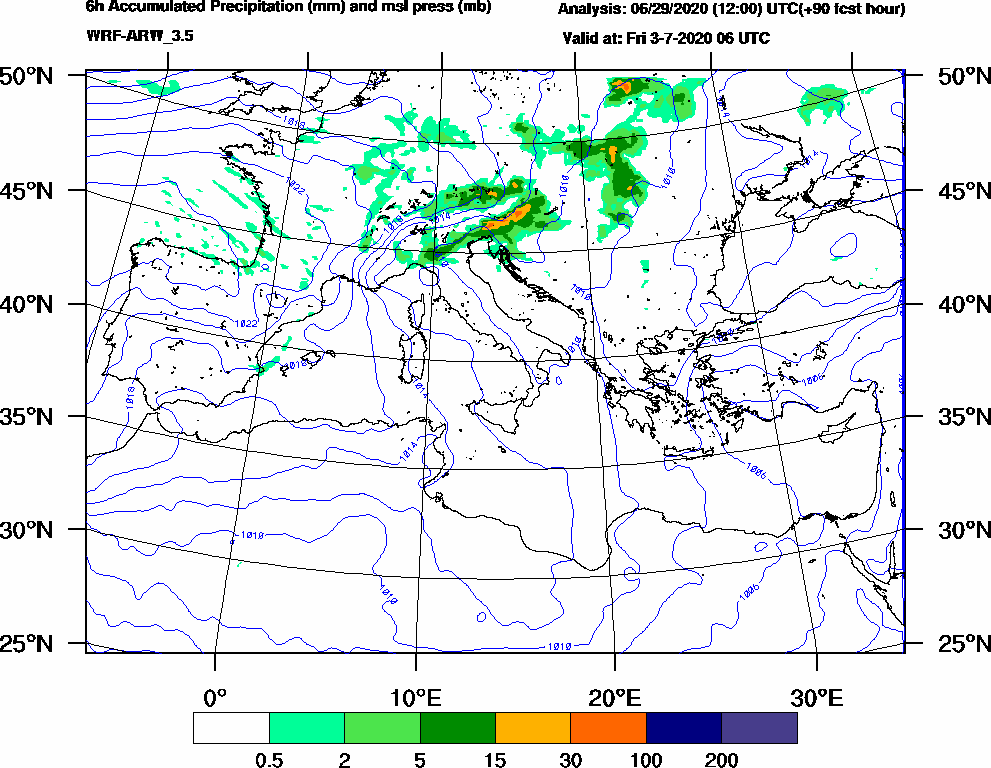 6h Accumulated Precipitation (mm) and msl press (mb) - 2020-07-03 00:00