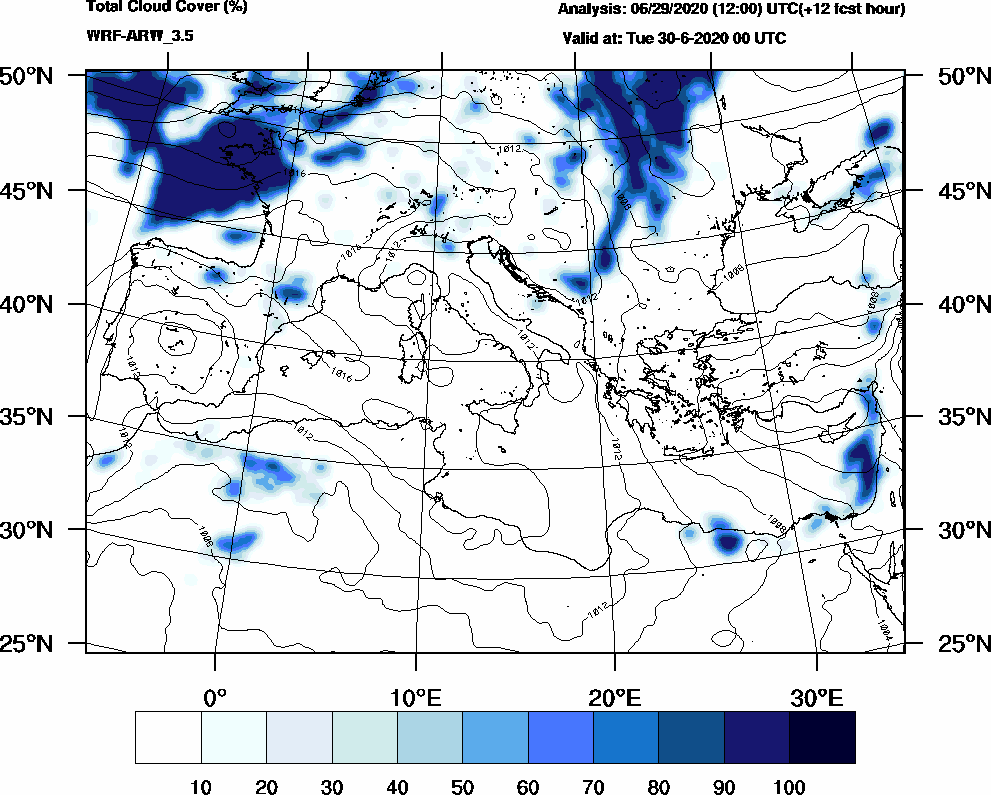 Total cloud cover (%) - 2020-06-29 18:00