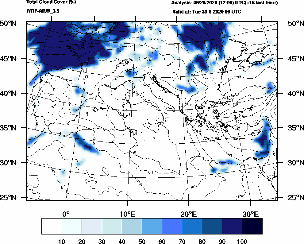 Total cloud cover (%) - 2020-06-30 00:00