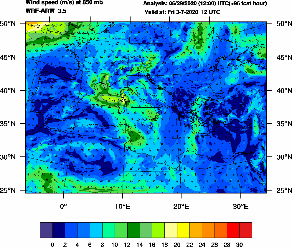 Wind speed (m/s) at 850 mb - 2020-07-03 12:00