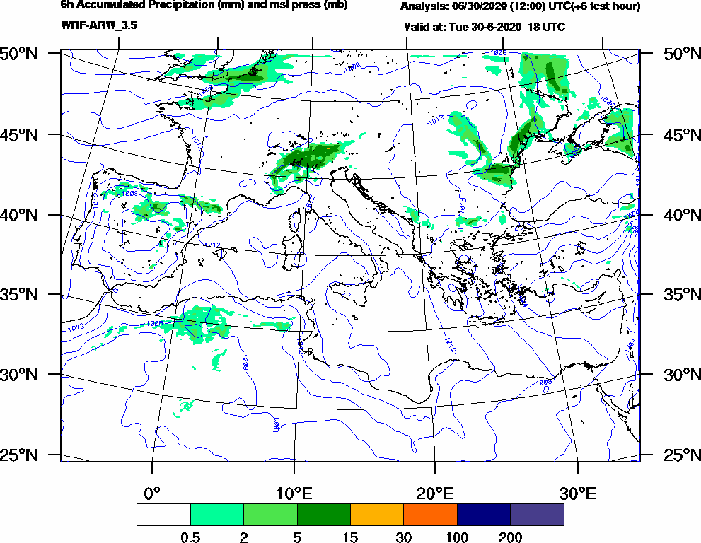 6h Accumulated Precipitation (mm) and msl press (mb) - 2020-06-30 12:00