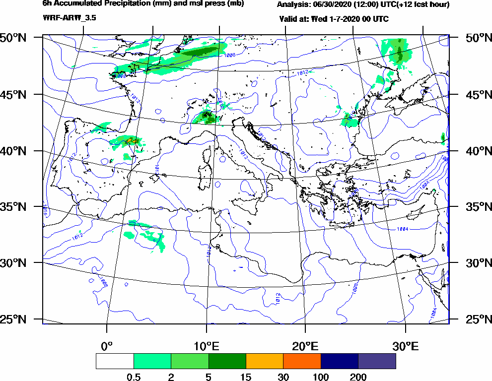 6h Accumulated Precipitation (mm) and msl press (mb) - 2020-06-30 18:00