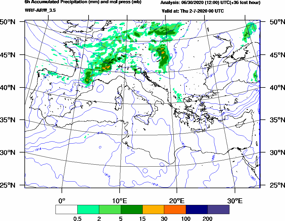 6h Accumulated Precipitation (mm) and msl press (mb) - 2020-07-01 18:00