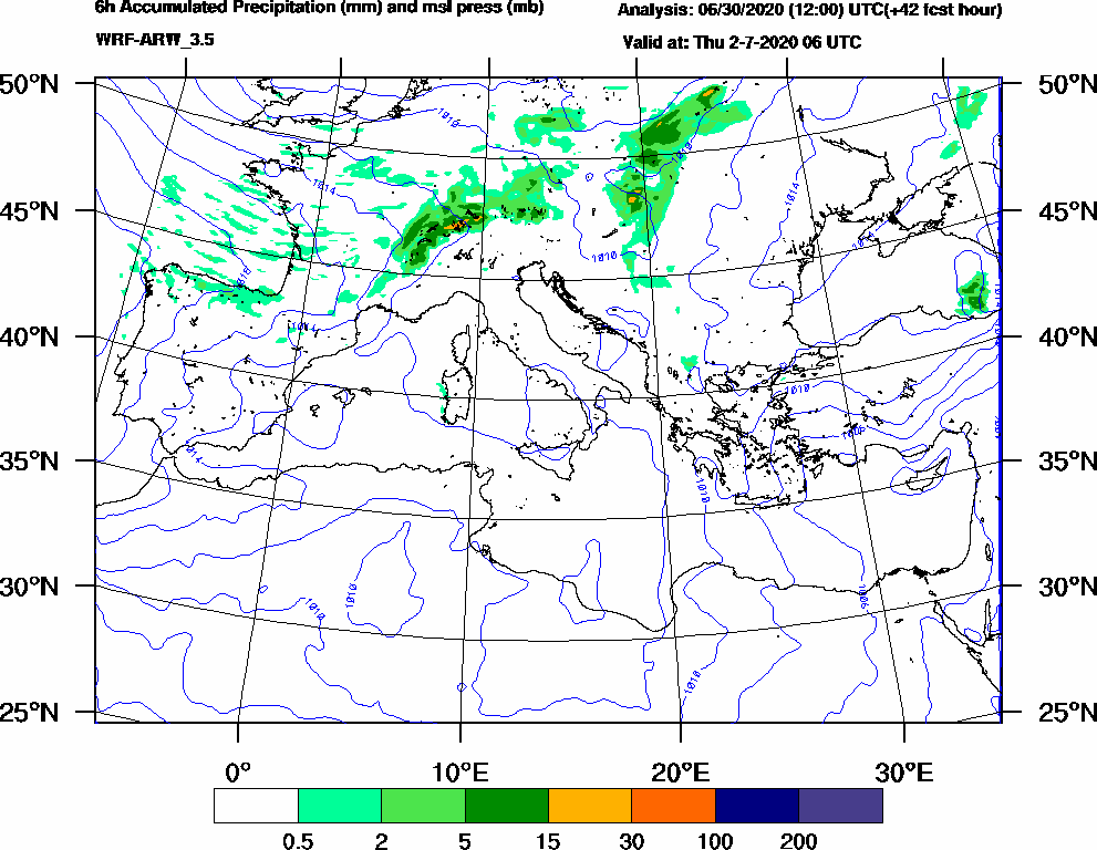 6h Accumulated Precipitation (mm) and msl press (mb) - 2020-07-02 00:00