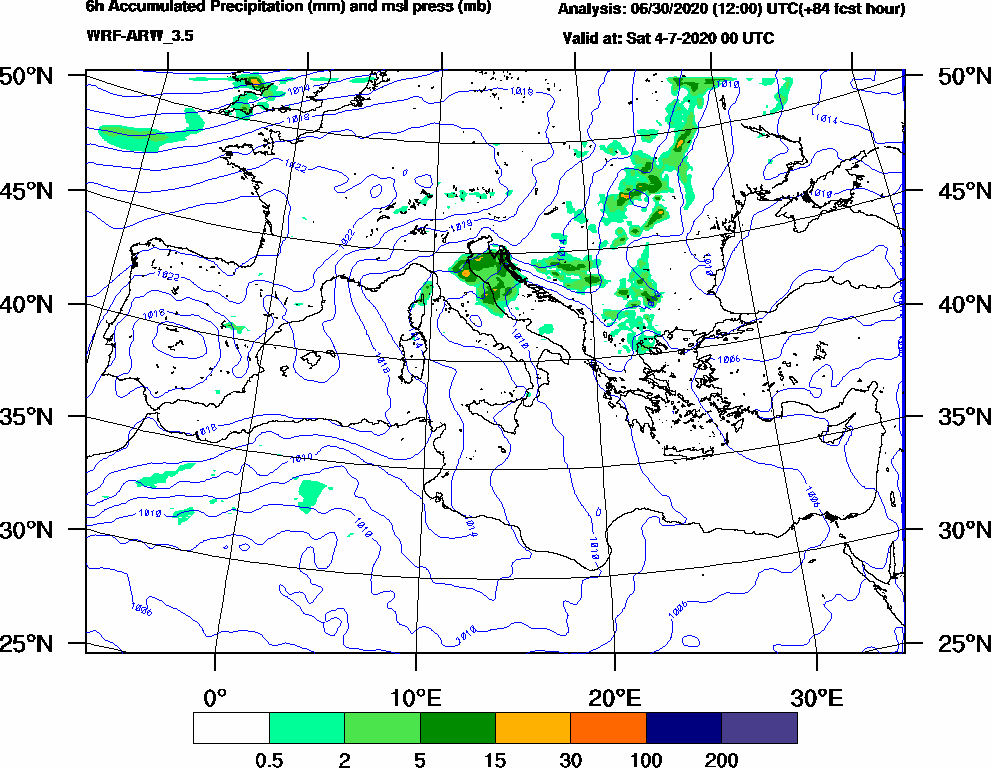 6h Accumulated Precipitation (mm) and msl press (mb) - 2020-07-03 18:00