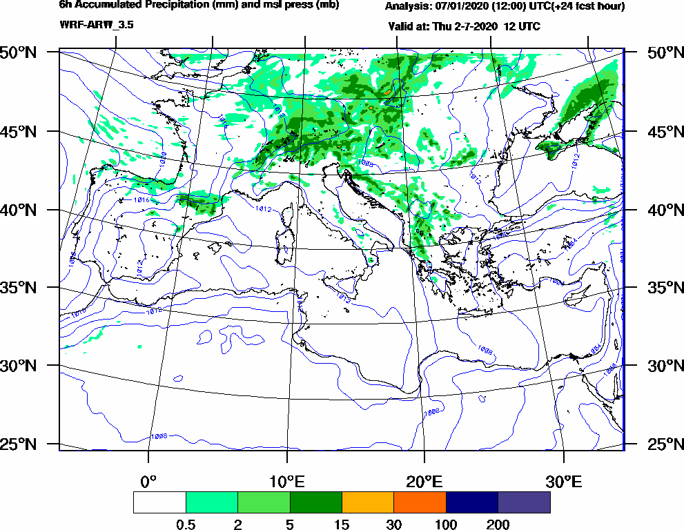 6h Accumulated Precipitation (mm) and msl press (mb) - 2020-07-02 06:00