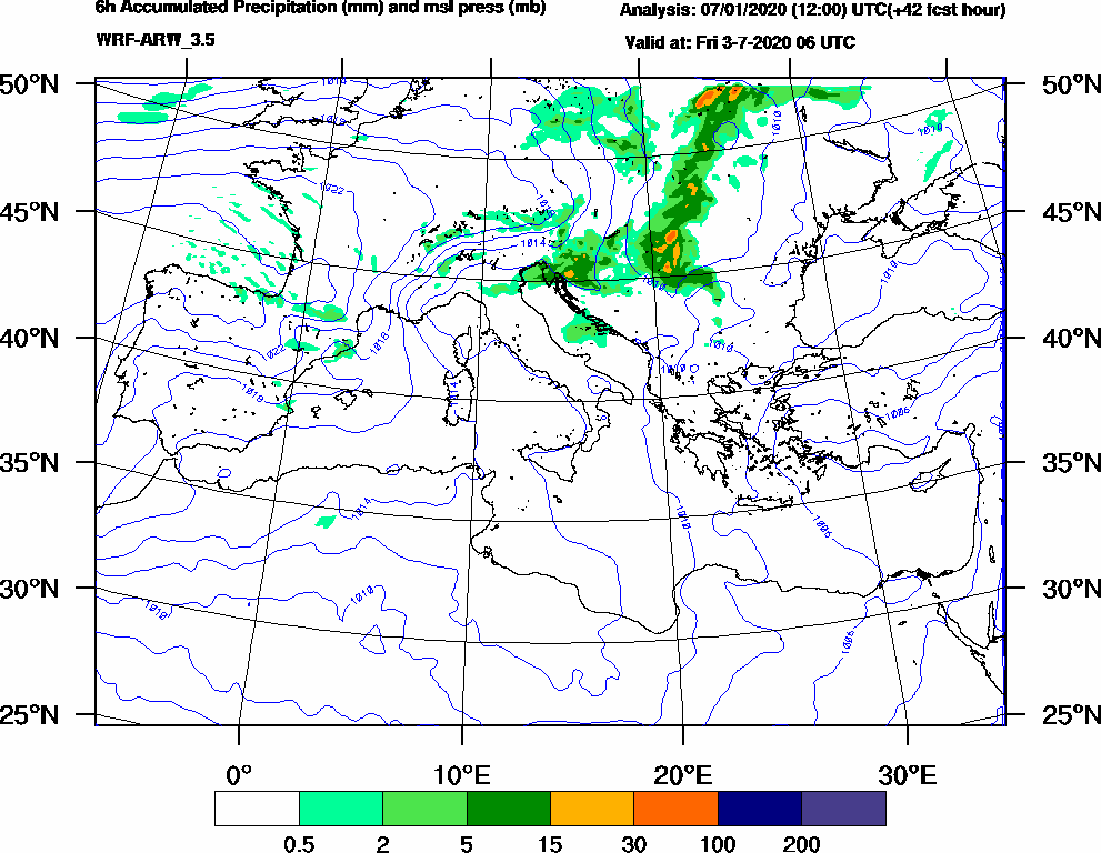 6h Accumulated Precipitation (mm) and msl press (mb) - 2020-07-03 00:00