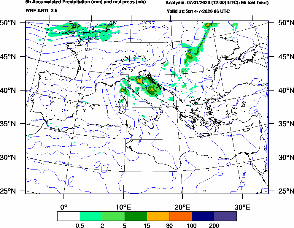 6h Accumulated Precipitation (mm) and msl press (mb) - 2020-07-04 00:00