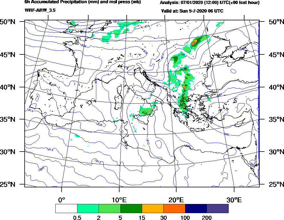 6h Accumulated Precipitation (mm) and msl press (mb) - 2020-07-05 00:00