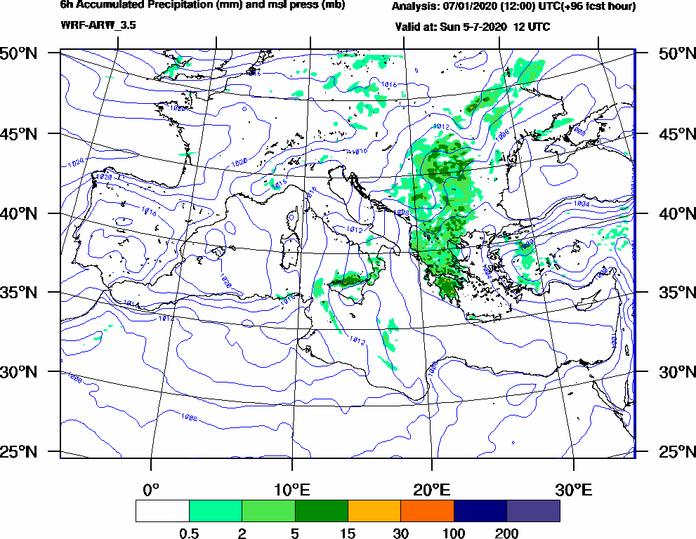 6h Accumulated Precipitation (mm) and msl press (mb) - 2020-07-05 06:00