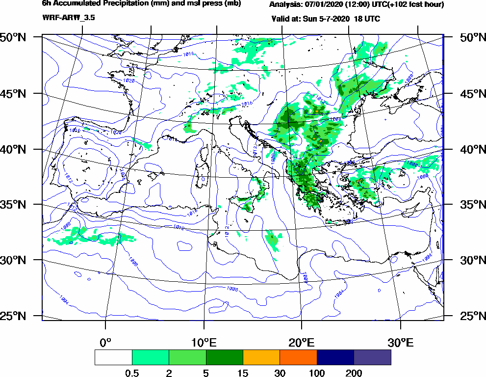 6h Accumulated Precipitation (mm) and msl press (mb) - 2020-07-05 12:00