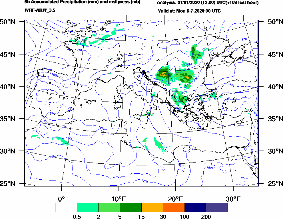 6h Accumulated Precipitation (mm) and msl press (mb) - 2020-07-05 18:00